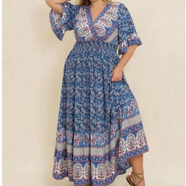 Rusttydustty Summer Women Plus Size Blue Floral Cross Elegant Dress Beach Holiday Valentine&#39;s Day Summer Party Coachella Music Festival Hawaii Ruffle Tropical Vaca