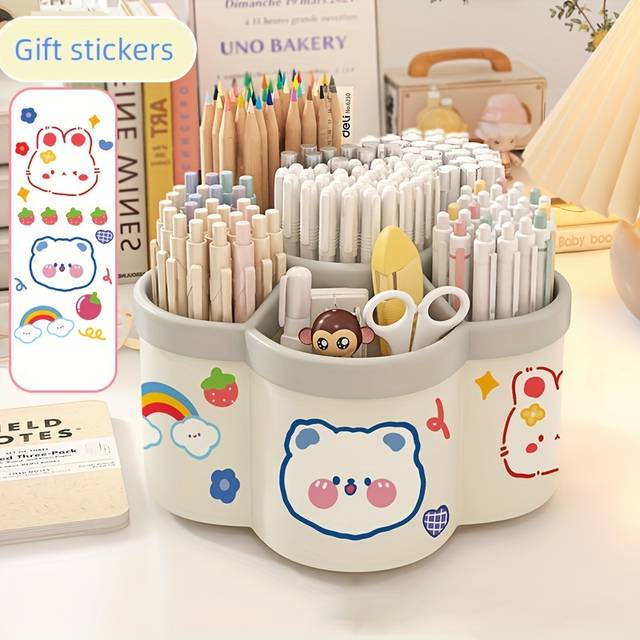 TEMU Rotating Desk Organizer With Multiple Compartments - Sturdy Pp Material Pencil Holder, Pen Storage Caddy For Stationery, Makeup Brushes, Office & Dorm