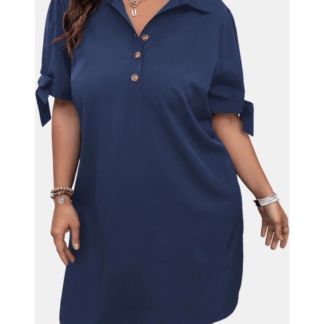 TEMU Plus Size Elegant Yellow Dress With Bow Detail - Loose Fit, Short Sleeve, Knee-length, Casual , Casual Attire|elegant Casualwear|, Plus Size Dress