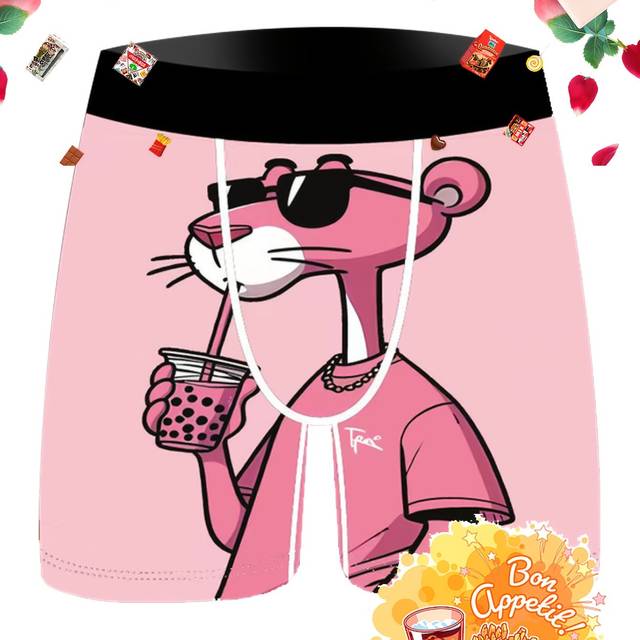 TEMU Men's Pink Cartoon Print Ice Silky Boxer Briefs - Stretchy, Breathable & Comfortable Fashion Underwear With Glasses & Boba Tea Design, Briefs | Trendy Underwear | Smooth Texture, Cute Underwear