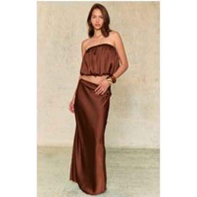 Chocolate Brown Satin Mid Rise Maxi Skirt, Chocolate Brown - 4