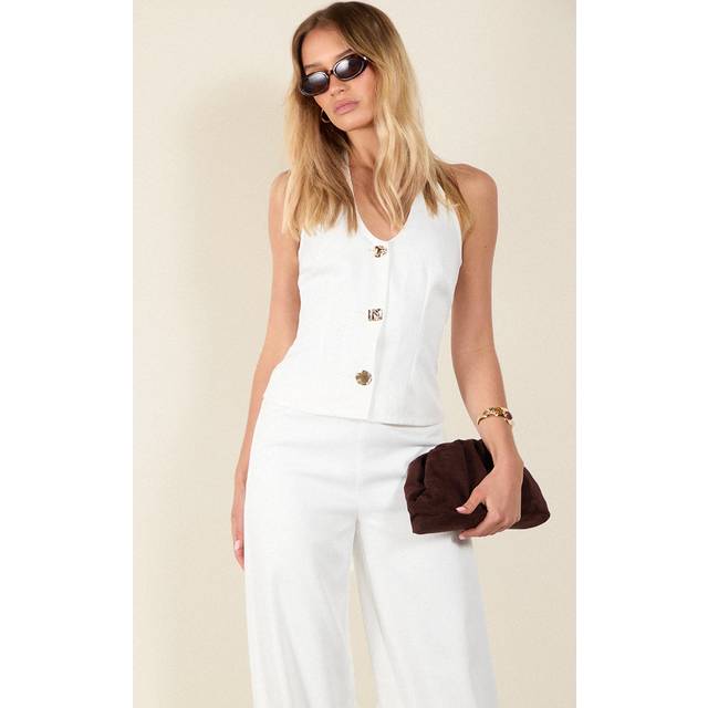 Cream Trim Detail Textured Woven Waistcoat, White - 4