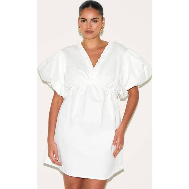 Plus White Cotton Gathered A-line Dress, White - 22