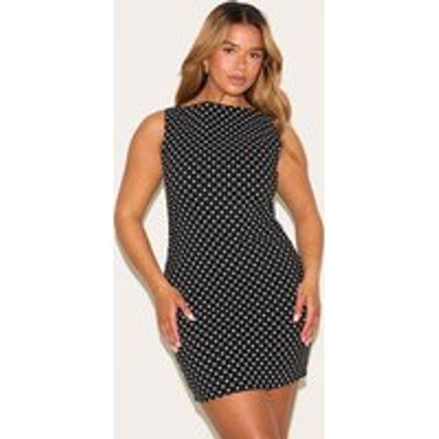 Shape Black Polka Dot Boat Neck Ruched Side Mini Dress, Black - 12