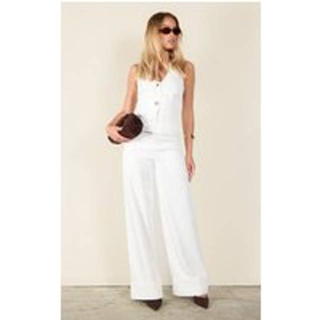Cream Textured Woven Wide Leg Trouser, White - 14