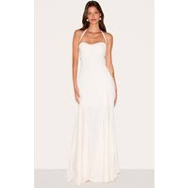Cream Woven Halterneck Ruched Bust Detail Maxi Dress, White - 14