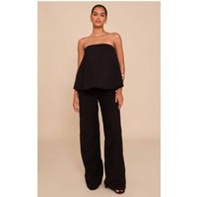 Black Structured Woven Peplum Straight Leg Jumpsuit, Black - 4