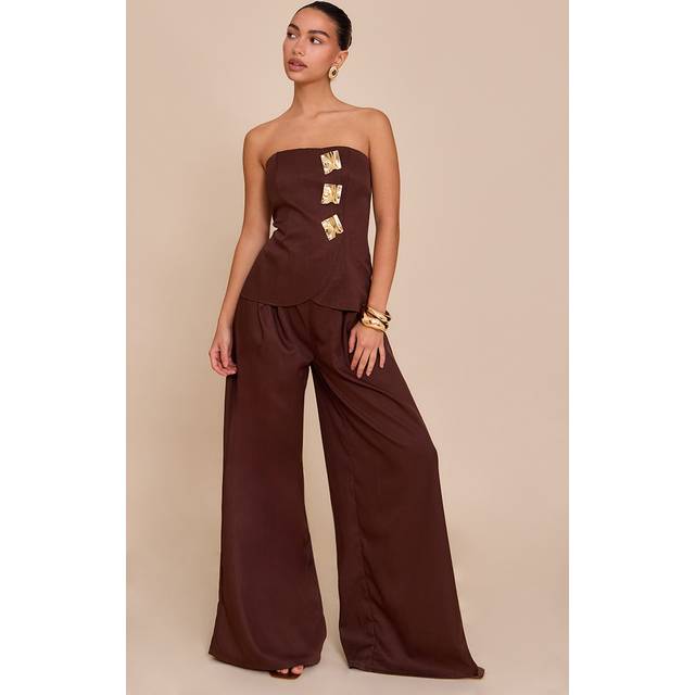 Chocolate Woven Bandeau Trim Detail Straight Leg Jumpsuit, Chocolate - 8