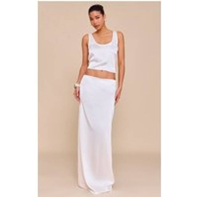 Cream Satin Mid Waist Maxi Skirt, White - 14