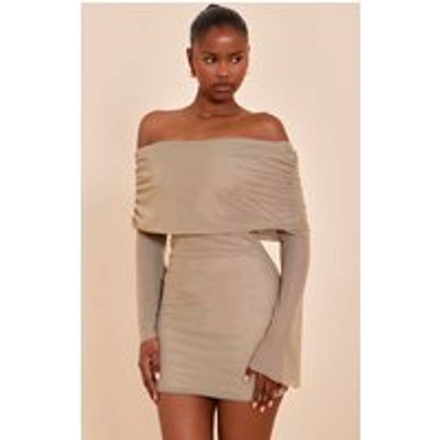 Taupe Lined Mesh Long Sleeve Mini Dress, Brown - 8