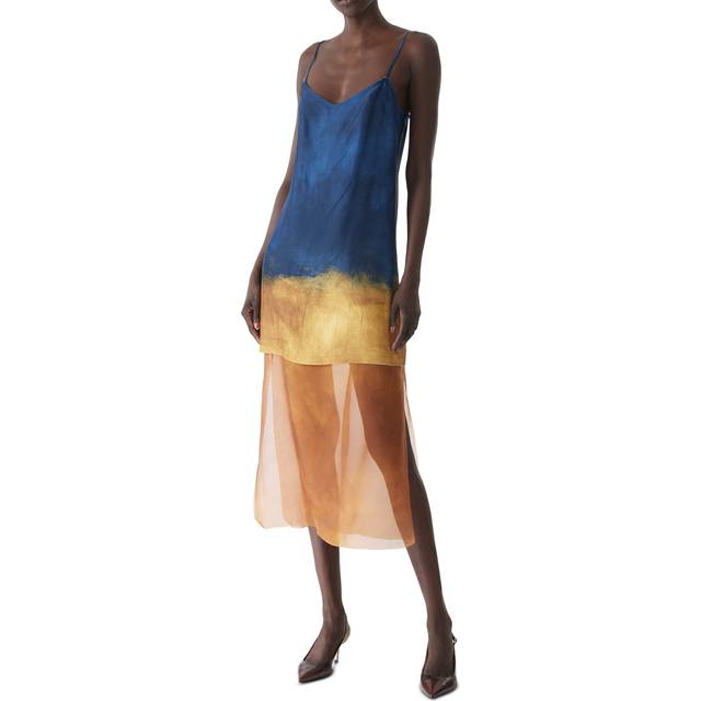 Painted Stripe Organza-Layered Midi Slip Dress - NAVYMARIGOLD - 10