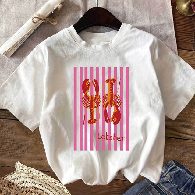 TEMU Women's Casual Crew Neck T-shirt With Vibrant Lobster & "niks" Print - Short Sleeve, Soft Polyester Blend, Spring/summer/fall, Spring Summer Top | Print Tee |