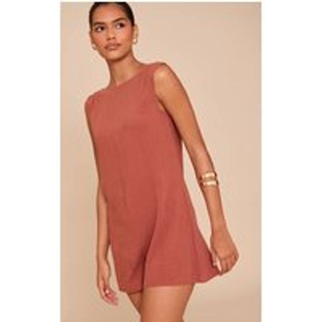 Rust Linen Blend Slouchy Boat Neck Playsuit, Orange - 10