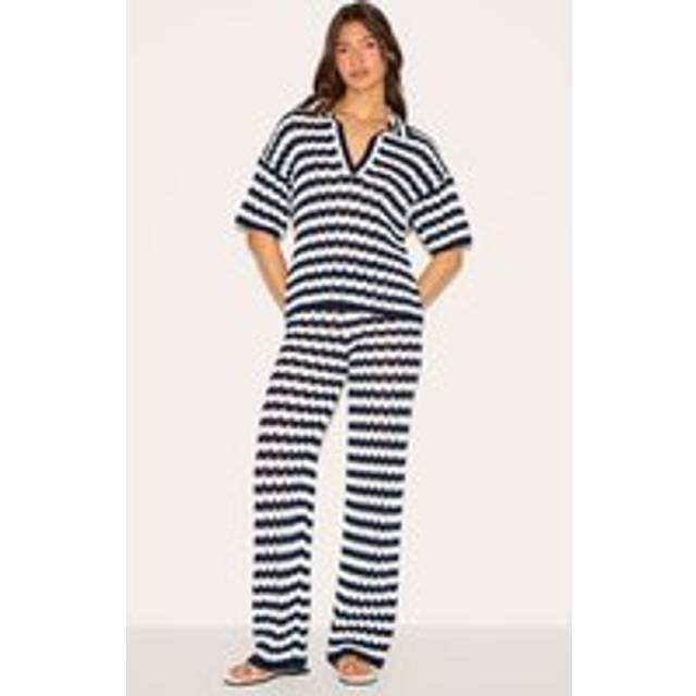 Navy Crochet Stripe Knit Trousers, Blue
