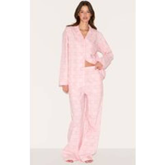 PRETTYLITTLETHING Embroidered Pink Check Long Pj Set, Pink - M