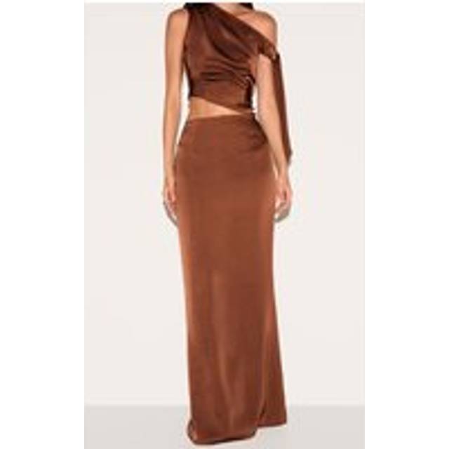 Chocolate Mid Rise Satin Maxi Skirt, Chocolate - 12