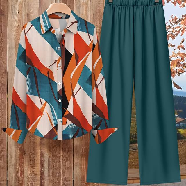 TEMU Women's Casual Suit Geometric Print Lapel Long-sleeved Shirt And Solid Color Pocket Wide-leg Pants Two-piece Set