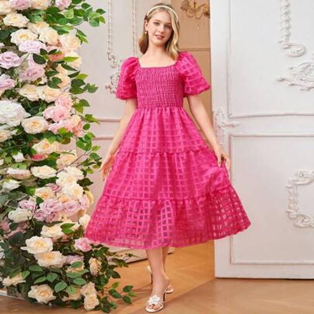 SHEIN Vintage Sweet Square Neck Puff Sleeve Casual Snug Fit Mini Dress For Teenage Girls, Spring/Summer