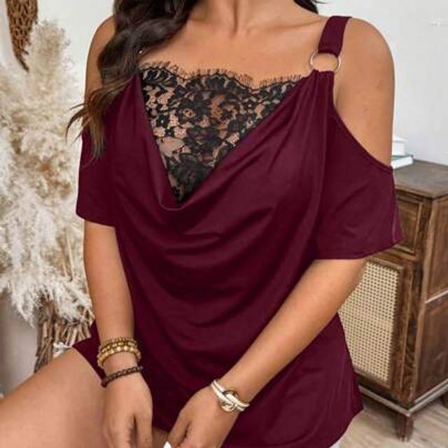 SHEIN Plus Size Hanging Collar Lace Mesh Lining Splice Shoulder Strap Loose T-Shirt, Casual Wear For Outing & Vacation