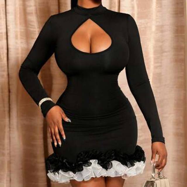 BamGleam Women Contrast Mesh Ruffle Hem Hollow Long Sleeve Bodycon Sexy Mini Dress