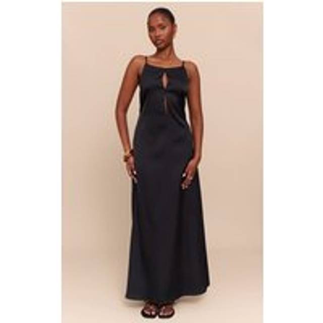 Black Satin Keyhole Cut Out Slip Dress, Black - 12