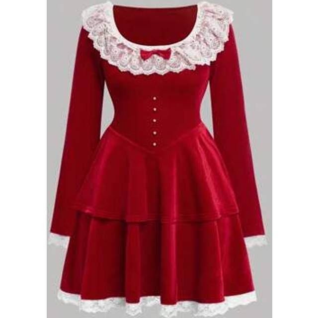 SHEIN Teen Girl Christmas Bow Pearl Button Lace Ruffle Pleated Red Dress, Autumn/Winter Clothes