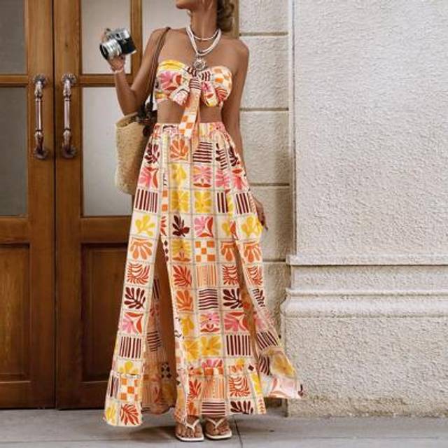 2st Kvinnor Vacation Casual Tropical Print Tube Top And Kjol Set, Western, Semester, 2 delar Set Dam, Set, Set För Kvinnor, Blommig Klänning Kvinnor, - Orange (L,M,S,XS)