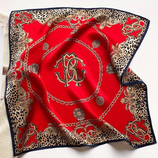 TEMU Elegant Silk Scarf, Red With Leopard Print, Chain Design, 100% Silk, Breathable, Decorative, Non-stretch, Hand Wash Or , Women' Accessory, For Casual , Square Scarf, No Feathers, Elegant Style