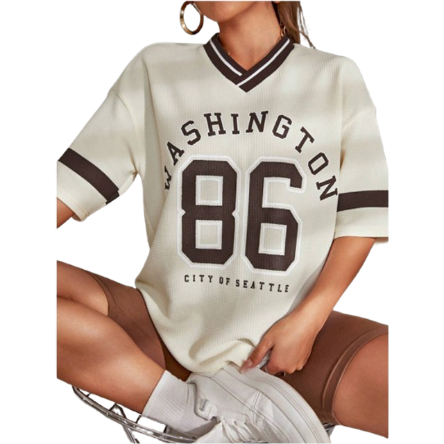 Flirla Drop Shoulder Letter & Number Print Tee Graphic Tees Women Tops