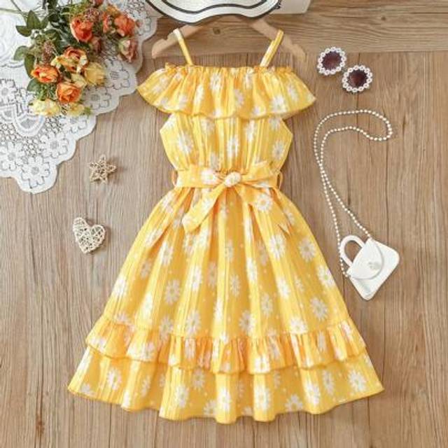 SHEIN New Girls Floral Pinafore Dress With Belt (Suitable For All Seasons)