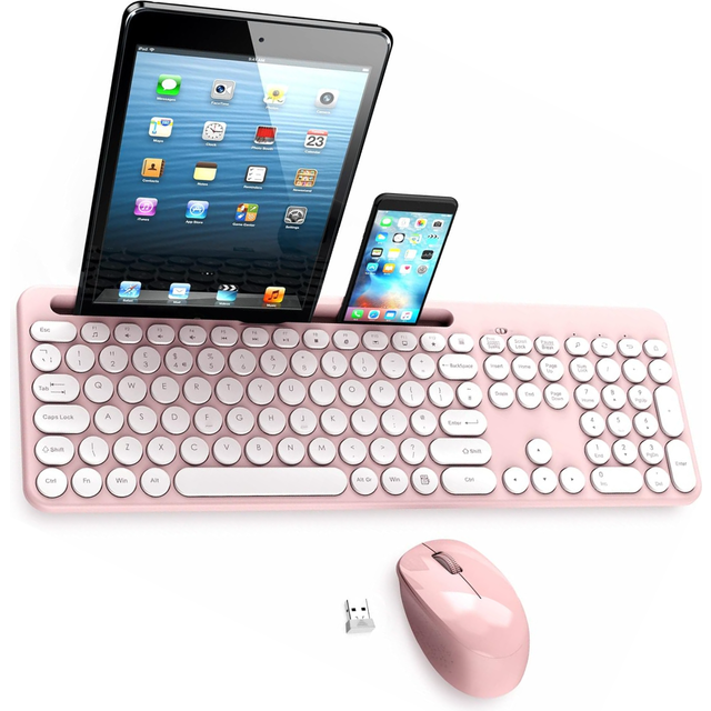 Wireless Keyboard and Mouse Set with Phone and Tablet Holder, Wireless USB Mouse and Computer Keyboard Combo, Full-sized QWERTY UK Keyboard for