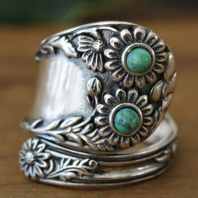 TEMU Vintage Ring With 925 Silver Plating And Turquoise Mosaic, , For And Gift-, Fits All
