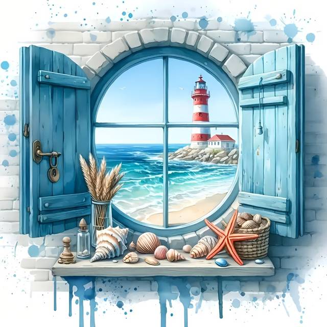 TEMU Diy Diamond Painting Kit Featuring A Lighthouse Window And Design, A Mosaic Art Piece Without A Frame, Home Decoration In Bedrooms And Living Rooms, As Well As Gifts.