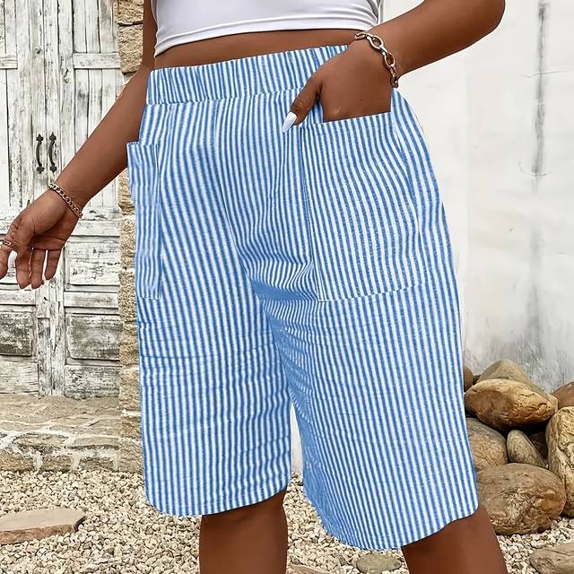TEMU Women's Plus Size Striped High-waisted Shorts - Casual, Relaxed Fit With Large Pockets, Non-stretch Fabric, Ideal For Spring/summer, Everyday Shorts|striped Pattern Shorts|pockets In Shorts