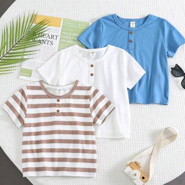 SHEIN Buy Two Get One Free Young Boys Casual Sports College Art Retro Striped Half-Sleeve T-Shirts And Basic Half-Sleeve T-Shirts