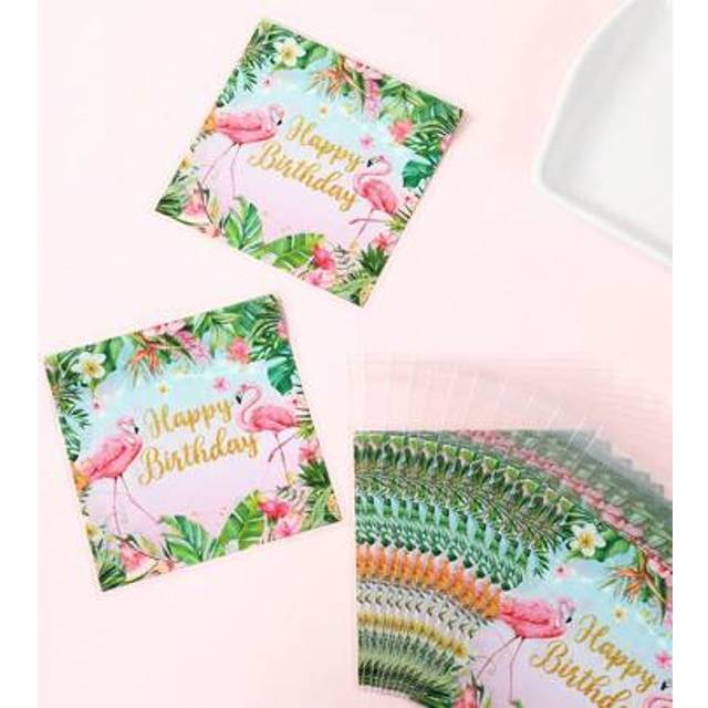 SHEIN 50/100Pcs Hawaiian Flamingo Happy Birthday Print Gift Bags,Birthday Theme Cookie Candy Bag,Tropical Flowers Hawaii Party Packing Bags,Birthday Party D
