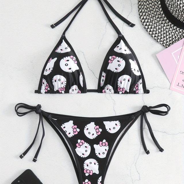 TEMU New Cute Hello Kitty Fitted Cartoon Bikini Set For Beach Vacations, Featuring A Sexy Design Made Of Lightweight Polyester And Spandex, Outdoor Wear.