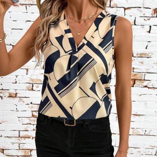 Kvinnors V-ringad ärmlös tryckt Casual blus, för semester - Aprikos (L,M,S,XL)