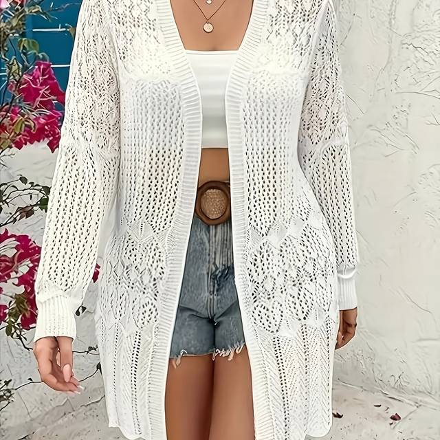 TEMU Women's Lightweight Cardigan - Elegant Semi-sheer Open Front Long Sleeve Cover-up For Spring/summer, Versatile Layering Piece For Casual & Formal Outfits, Clothing, Texture