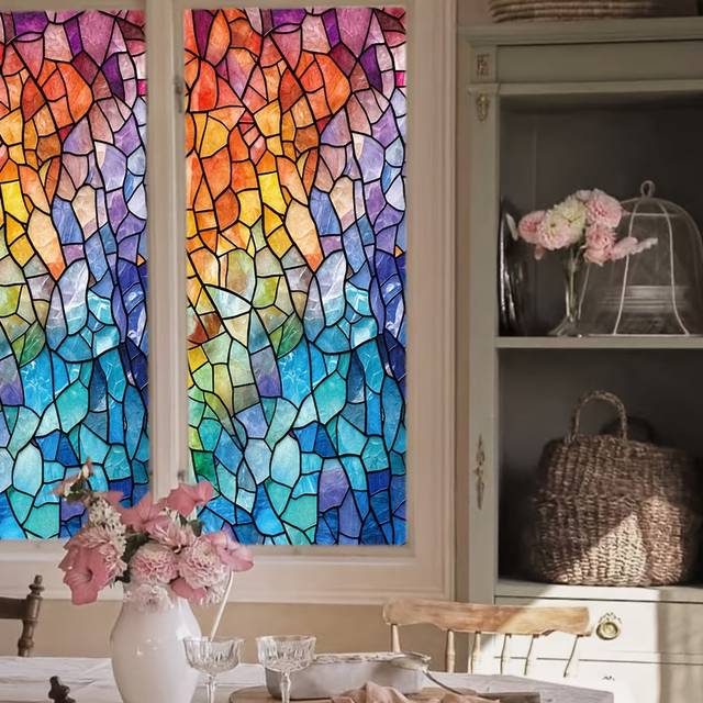 TEMU Yushi Stained Glass Window Film - Vibrant Mosaic Static Cling Privacy Decorative Film, Removable Pvc 1mil Thick For Bedroom Living Room Kitchen Home Decor, Colorful Patterns, Interior Designers