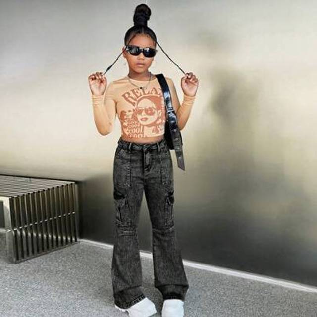 SHEIN Y2K Punk Streetwear Vintage Washed Causal Denim Flare Cargo Pants For Tween Girls