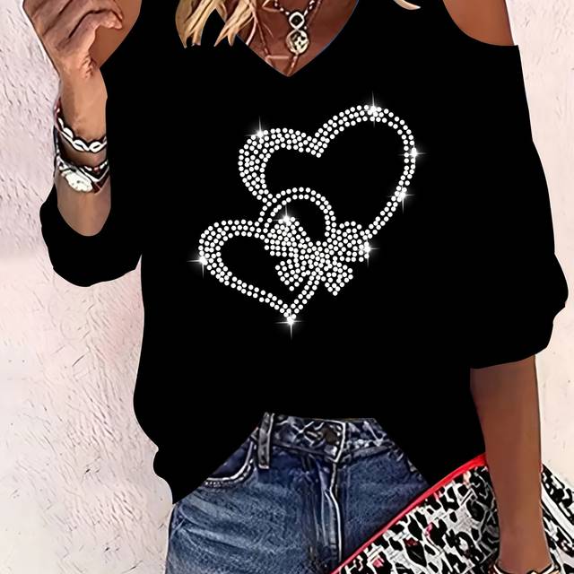TEMU Elegant Women's V-neck T-shirt With Heart-shaped Bow And Rhinestones, Stylish Off-shoulder Top.