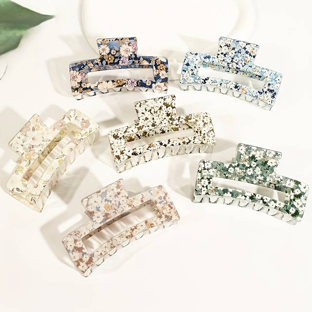 TEMU 6pcs Women's Vintage Square Flower Hair Clips, Bohemian Floral Headband Claw Clips, Pink Flower Jaw Clips, Suitable For Ladies And S Thick Anti-slip Styling Hair Clips