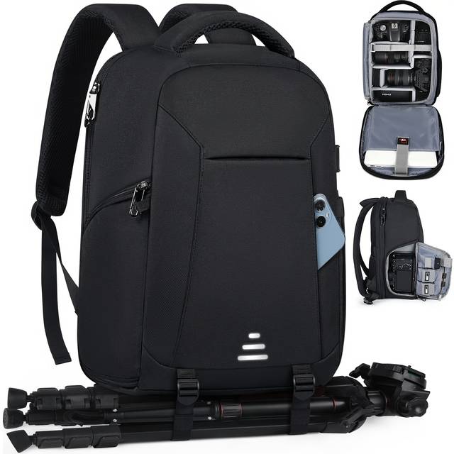 TEMU Lubardy Camera Backpack, Dslr Camera Professional Camera Backpack, 15.6-inch Laptop Backpack, Tripod Anti Theft Camera Case, Men's And Women's Large Photography Backpacks, Black