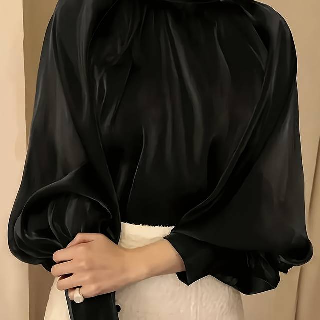 TEMU Elegant High-neck Satin Blouse With Puffed Sleeves - Loose Fit Long Sleeve Button-up Shirt, Solid Black 100% Polyester, Machine Washable, Middle Eastern- For Women, Versatile Top
