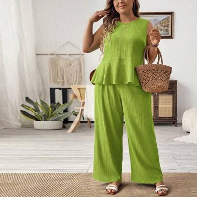 Luneh 2pcs Plus Size Women Holiday Solid Color Ruffle Trim Sleeveless Shirt And Pants Set
