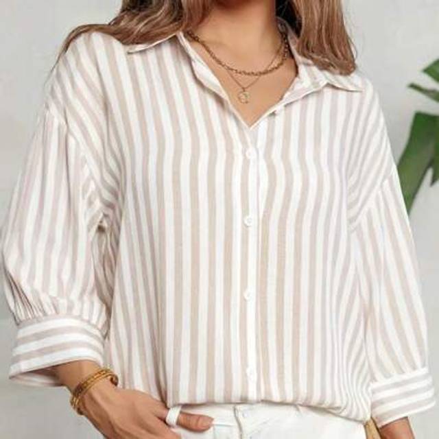 SHEIN Striped Button Down Dropped Shoulder Blouse, Casual Short Sleeve Shirt, Spring/Summer, Women