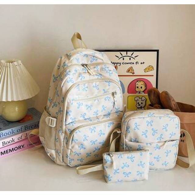 SHEIN 3pcs/Set Beige Nylon Bow Print Multi-Pocket Foldable Water-Resistant Zipper Backpack, Suitable For Teenagers, High School/College Students, Women For
