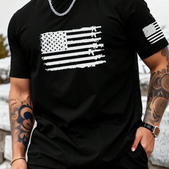Herr som andas avslappnad sommar utomhussport Mode T-shirt med amerikanska flaggan, lämplig för vandring, fiske, mångsidig daglig klädsel - Svart (L,M,XL,XXL,XXXL)