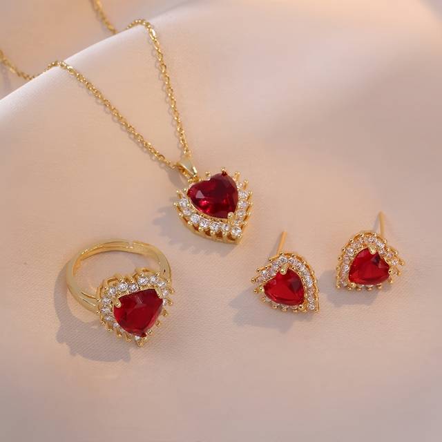 TEMU Heart Earrings Ring Necklace Three-piece Set For Christmas/valentine's Day Gift